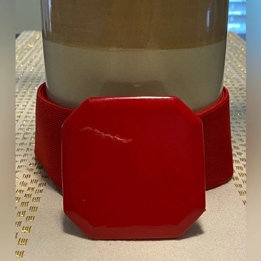 Vtg Red Octagonal Chunky Buckle Elastic Waist Belt